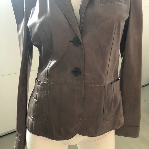Hugo Boss Lined 2 Button Lamb Leather Blazer Jacket w Pickstitching Brown Sz 8 - Picture 4 of 16